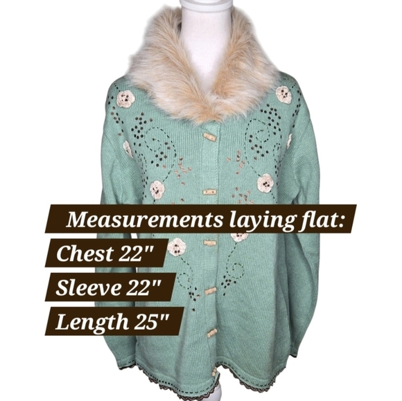 Vintage Storybook Knits Womens Mint Green Cardigan Floral Sz M Faux Fur Collar - Picture 5 of 13